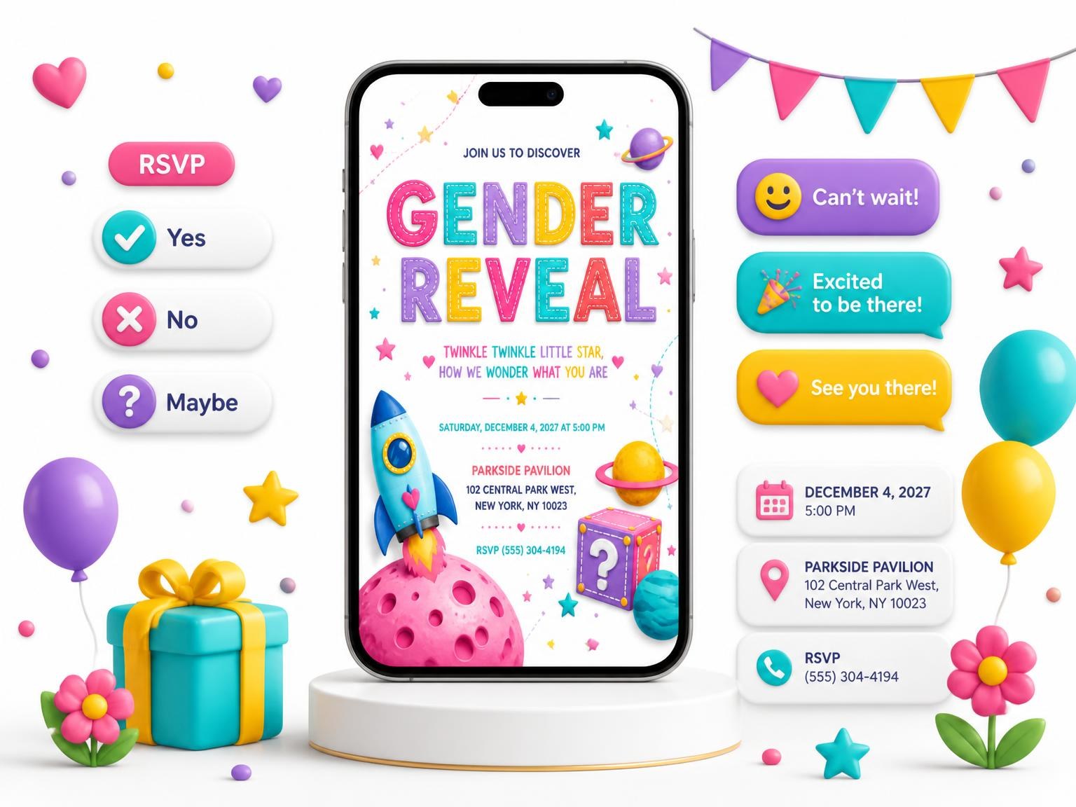 The Clay Space Gender Reveal Invitation invitation on a phone, with guest RSVPs arriving around it