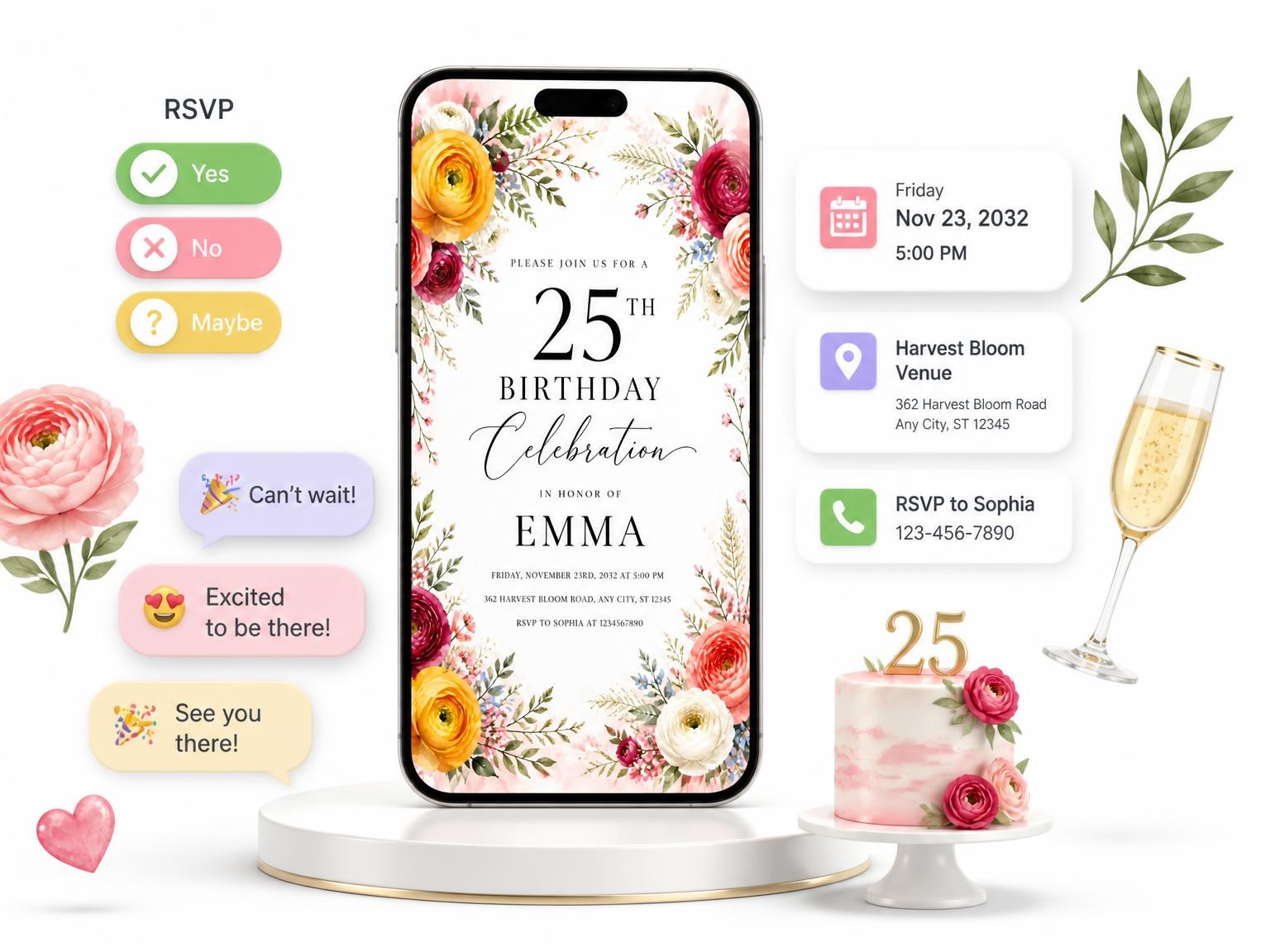 The Bouquet Framing Golden 25th Birthday Invitation invitation on a phone, with guest RSVPs arriving around it