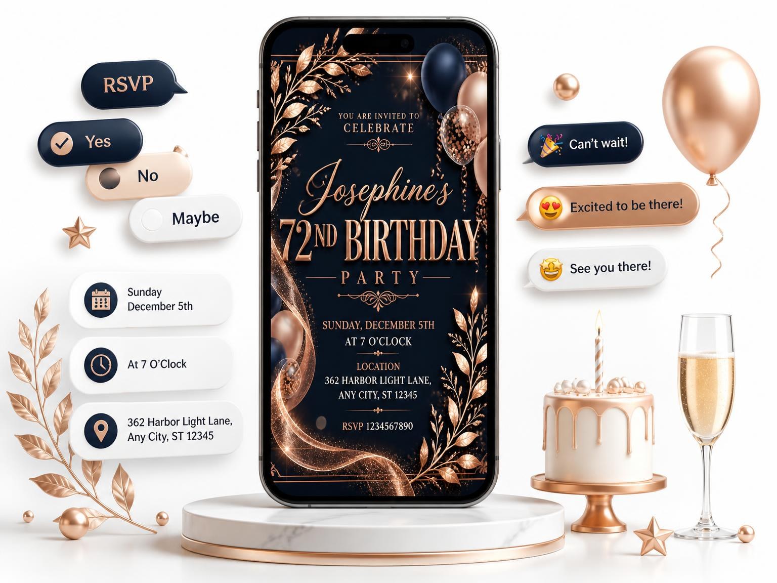 The Navy and Rose Gold 72nd Birthday Invitation invitation on a phone, with guest RSVPs arriving around it