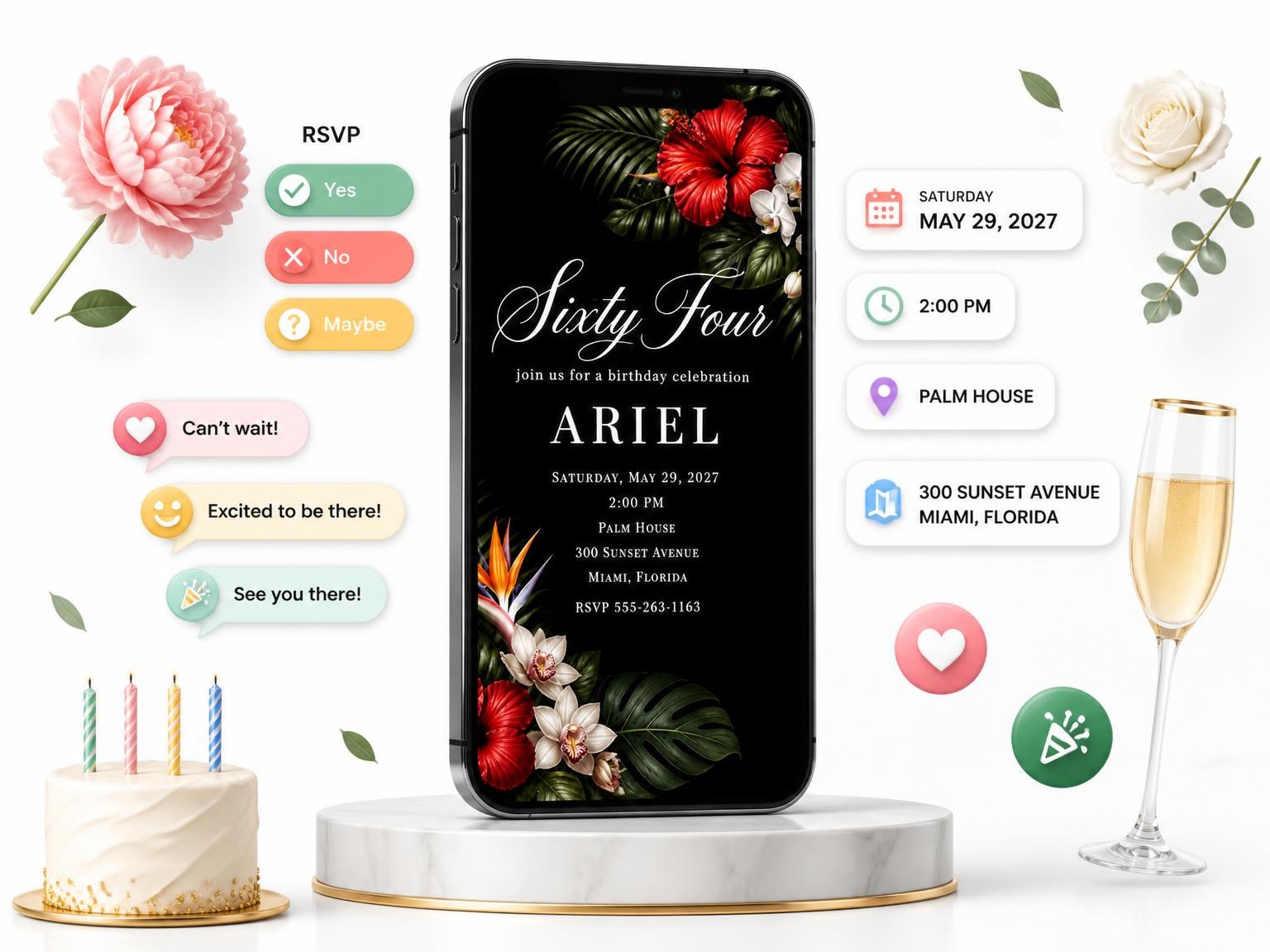 The Black Floral 64th Birthday Invitation invitation on a phone, with guest RSVPs arriving around it