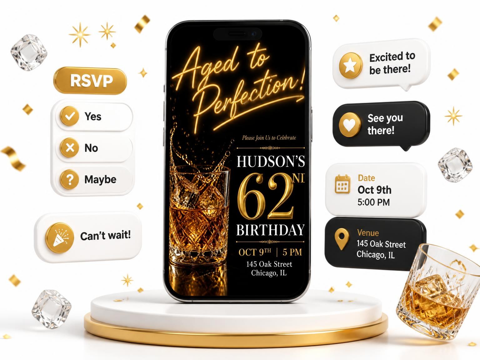 The Whiskey Rocks 62nd Birthday Invitation invitation on a phone, with guest RSVPs arriving around it