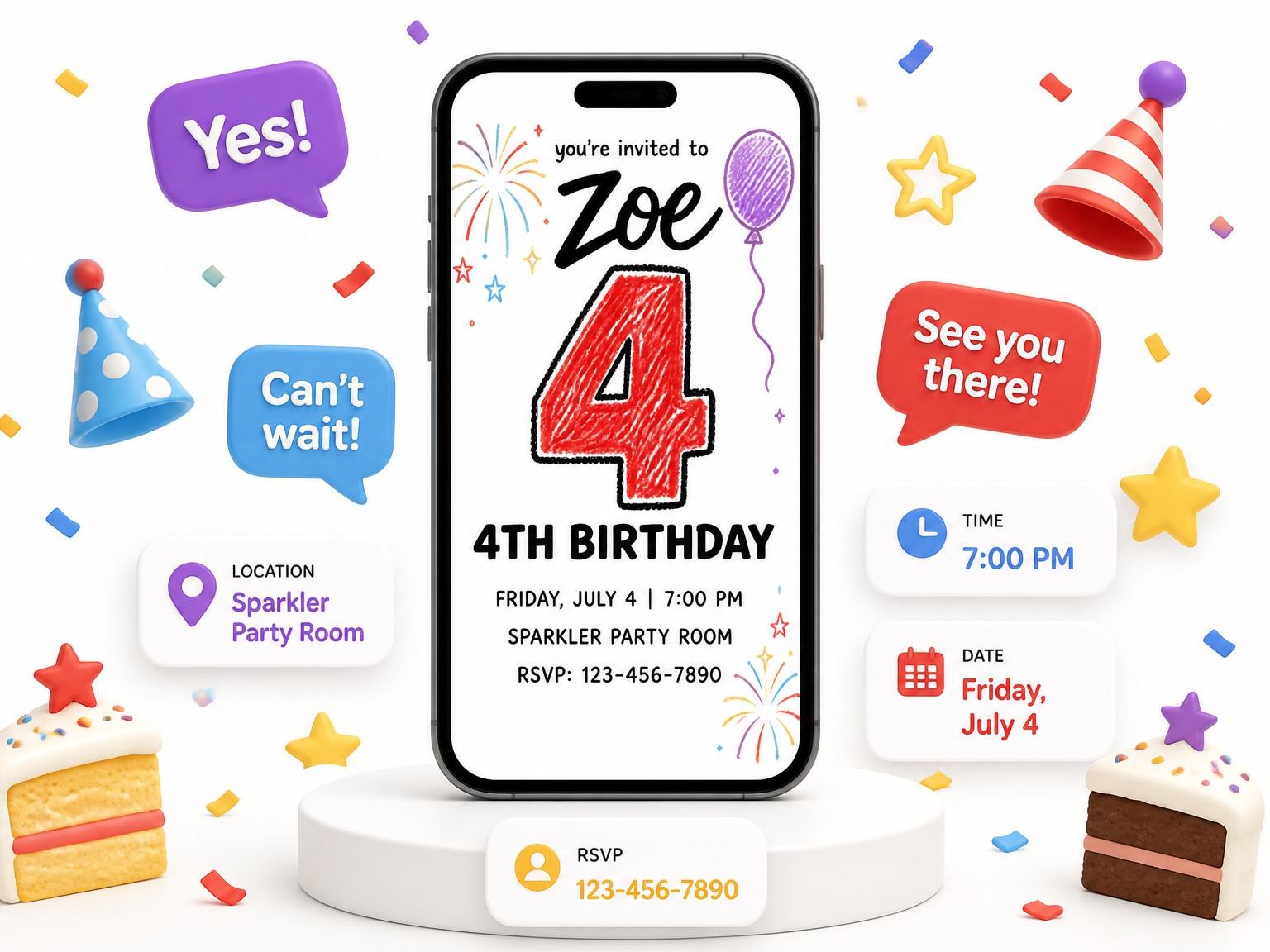 The Crayon Fireworks Balloon 4th Birthday Invitation invitation on a phone, with guest RSVPs arriving around it