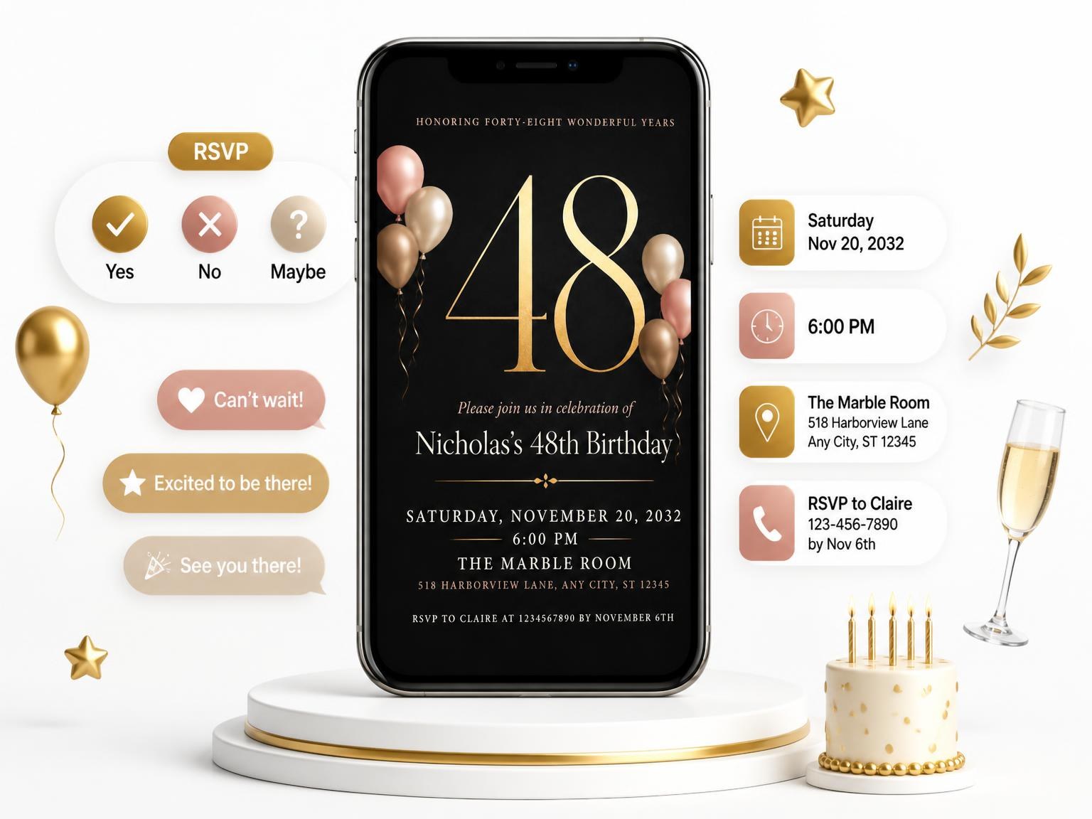 The Charcoal and Blush 48th Birthday Invitation invitation on a phone, with guest RSVPs arriving around it