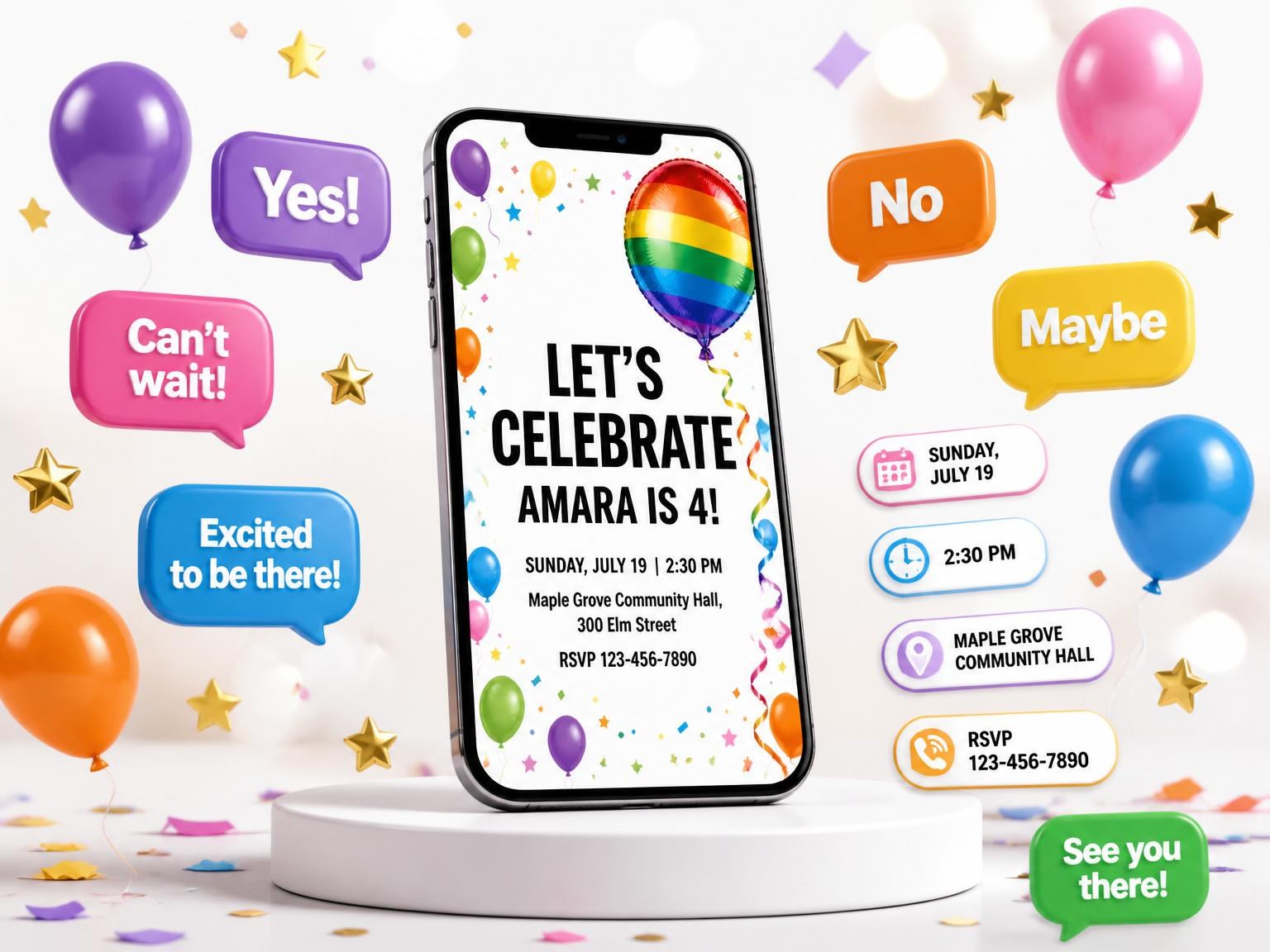 The Rainbow Balloon Confetti 4th Birthday invitation on a phone, with guest RSVPs arriving around it