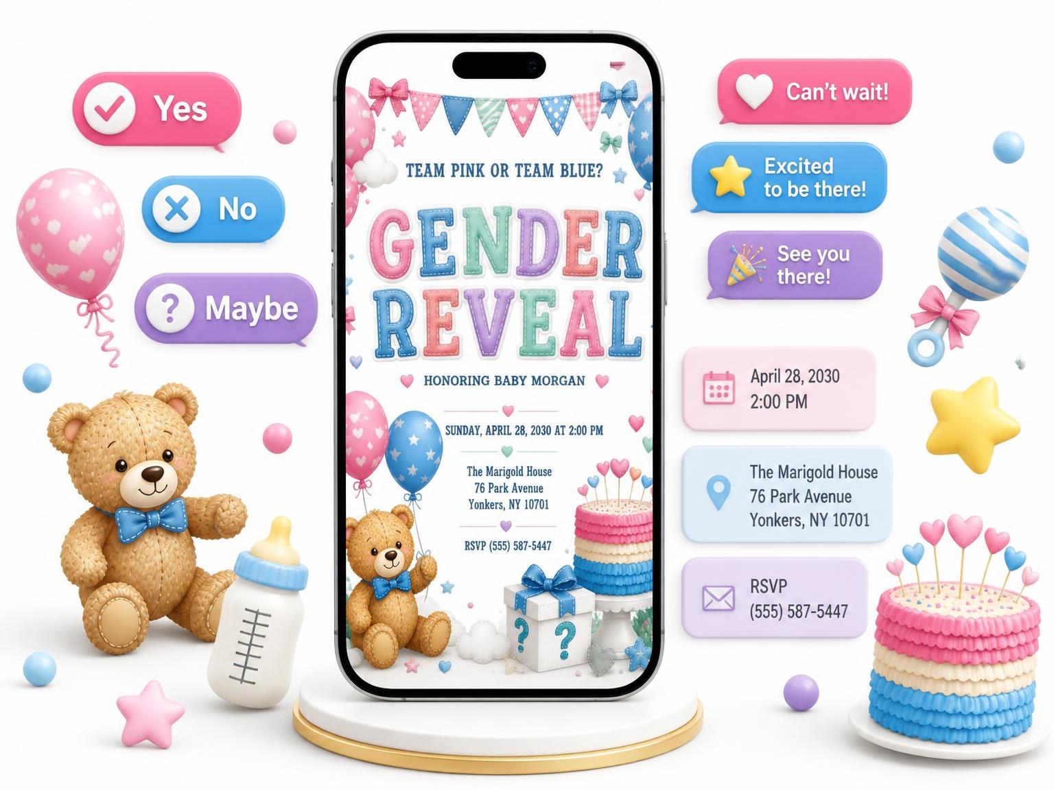 The Tiered Cake Gender Reveal Invitation invitation on a phone, with guest RSVPs arriving around it