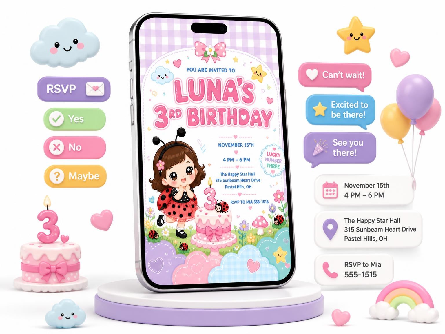 The Pastel Ladybug 3rd Birthday Invitation invitation on a phone, with guest RSVPs arriving around it