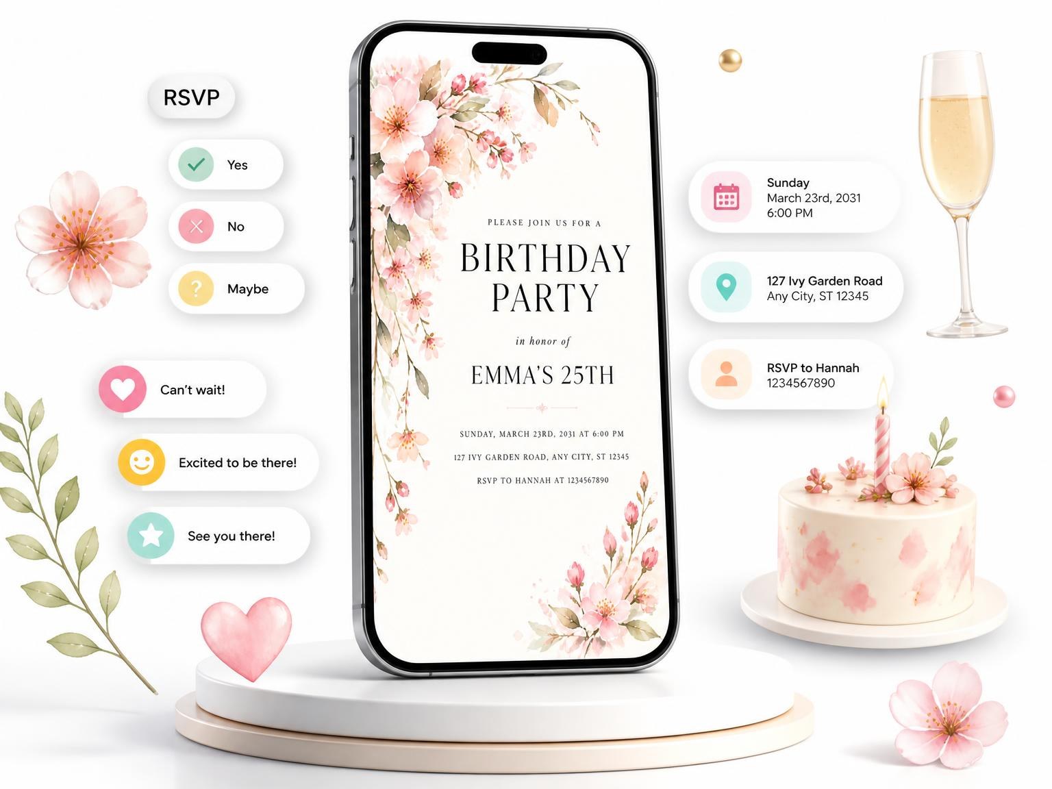 The Blossom Branch Blush 25th Birthday Invitation invitation on a phone, with guest RSVPs arriving around it