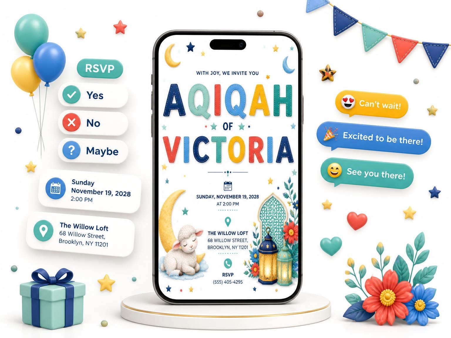 The Felt Stars Aqiqah Invitation invitation on a phone, with guest RSVPs arriving around it