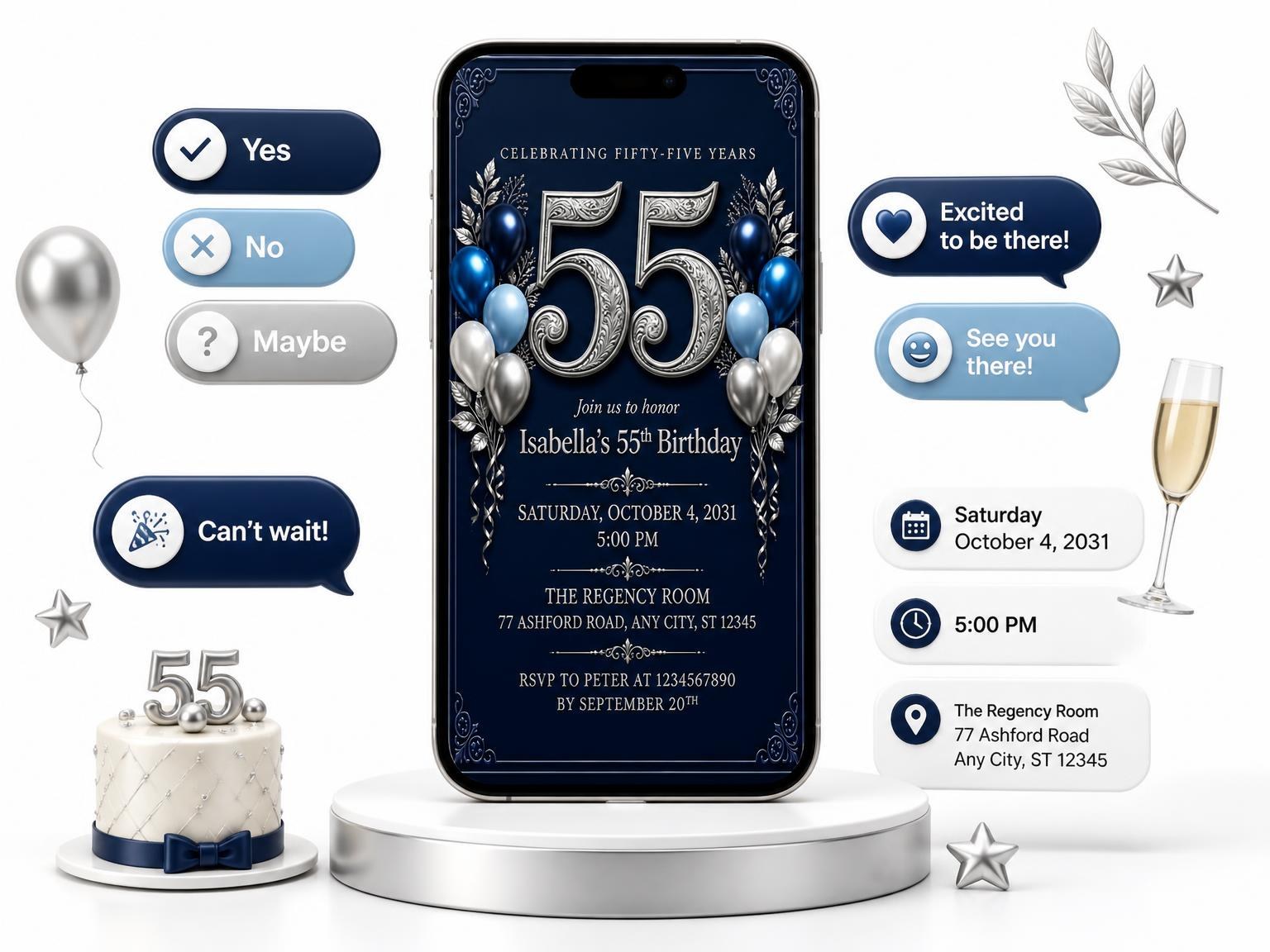 The Navy and Silver 55th Birthday Invitation invitation on a phone, with guest RSVPs arriving around it