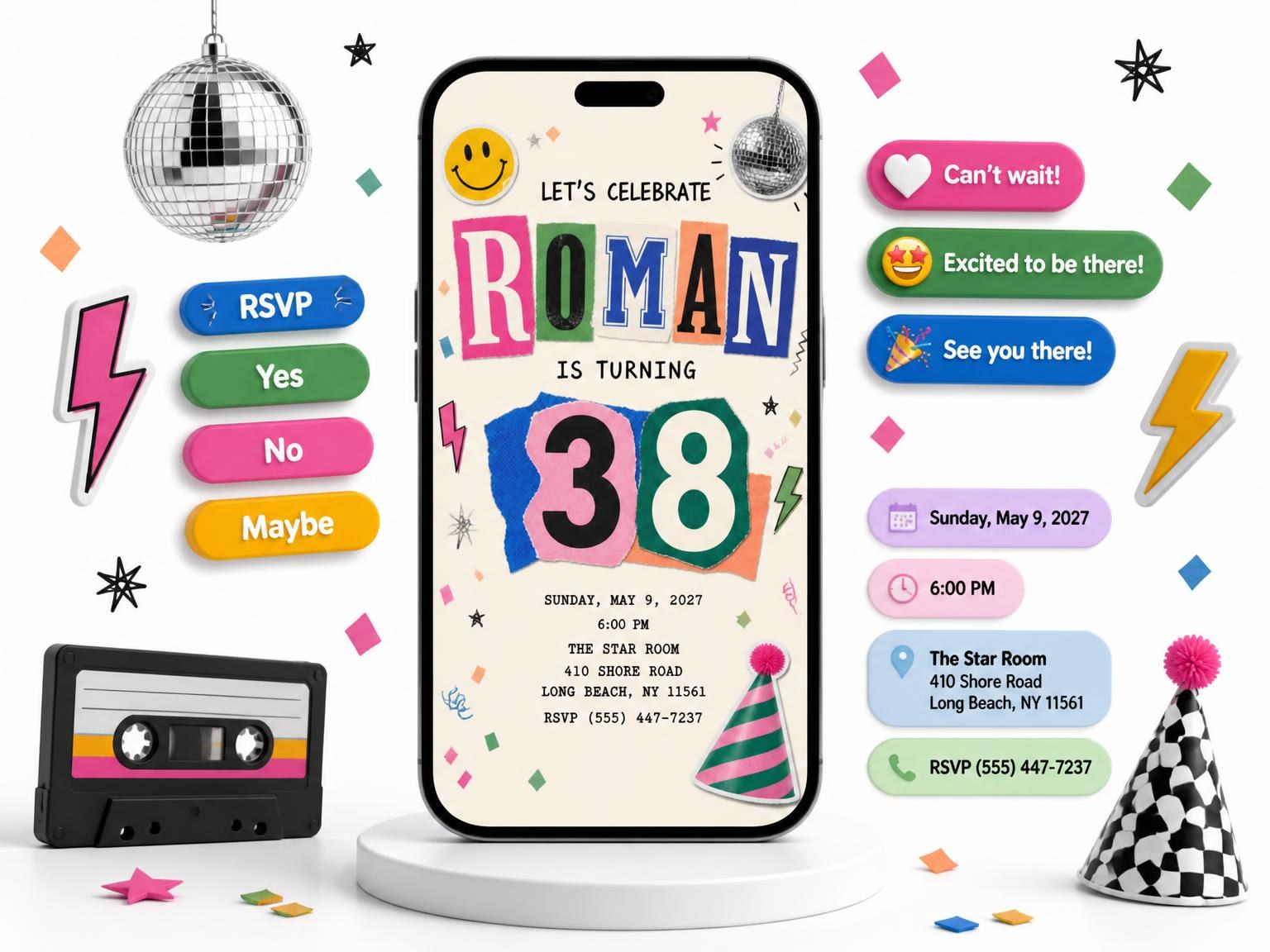 The Retro Paper Collage 38th Birthday Invitation invitation on a phone, with guest RSVPs arriving around it