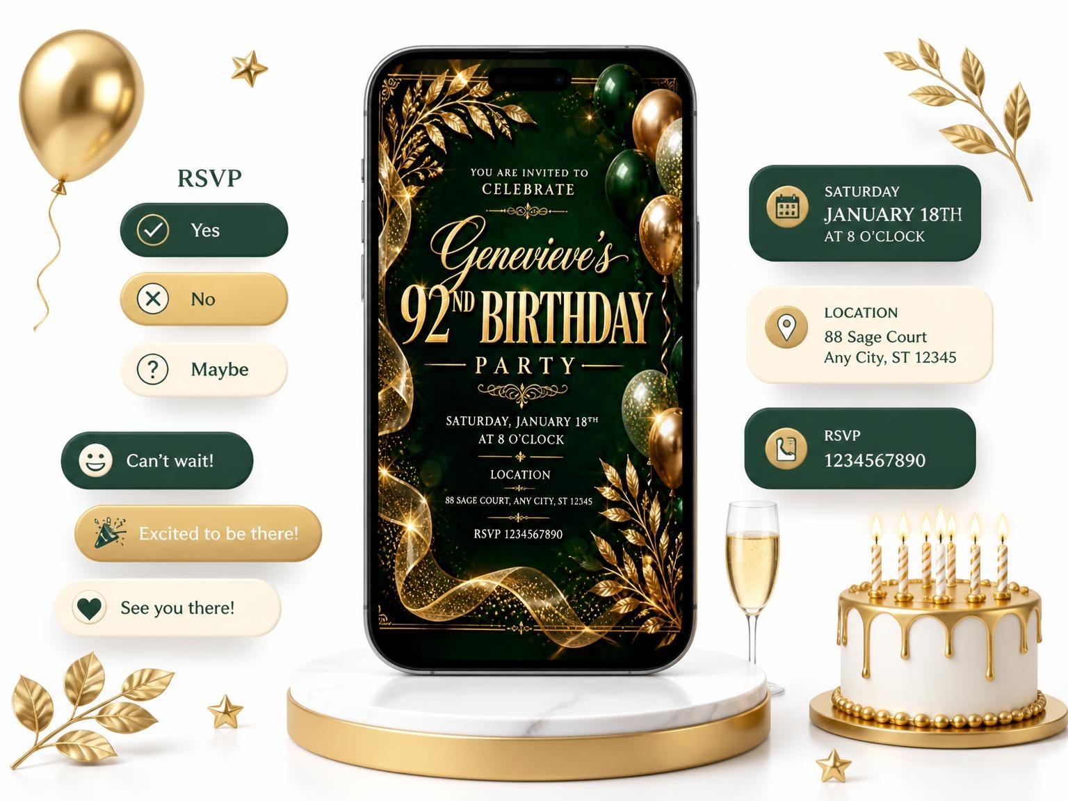 The Emerald and Champagne 92nd Birthday Invitation invitation on a phone, with guest RSVPs arriving around it