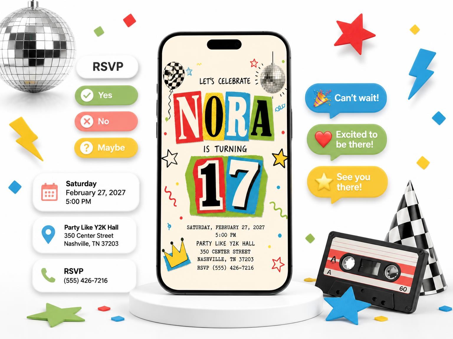 The Retro Paper Collage 17th Birthday Invitation invitation on a phone, with guest RSVPs arriving around it