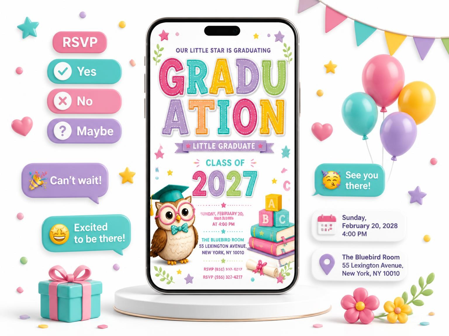 The Graduate Owl Graduation Invitation invitation on a phone, with guest RSVPs arriving around it