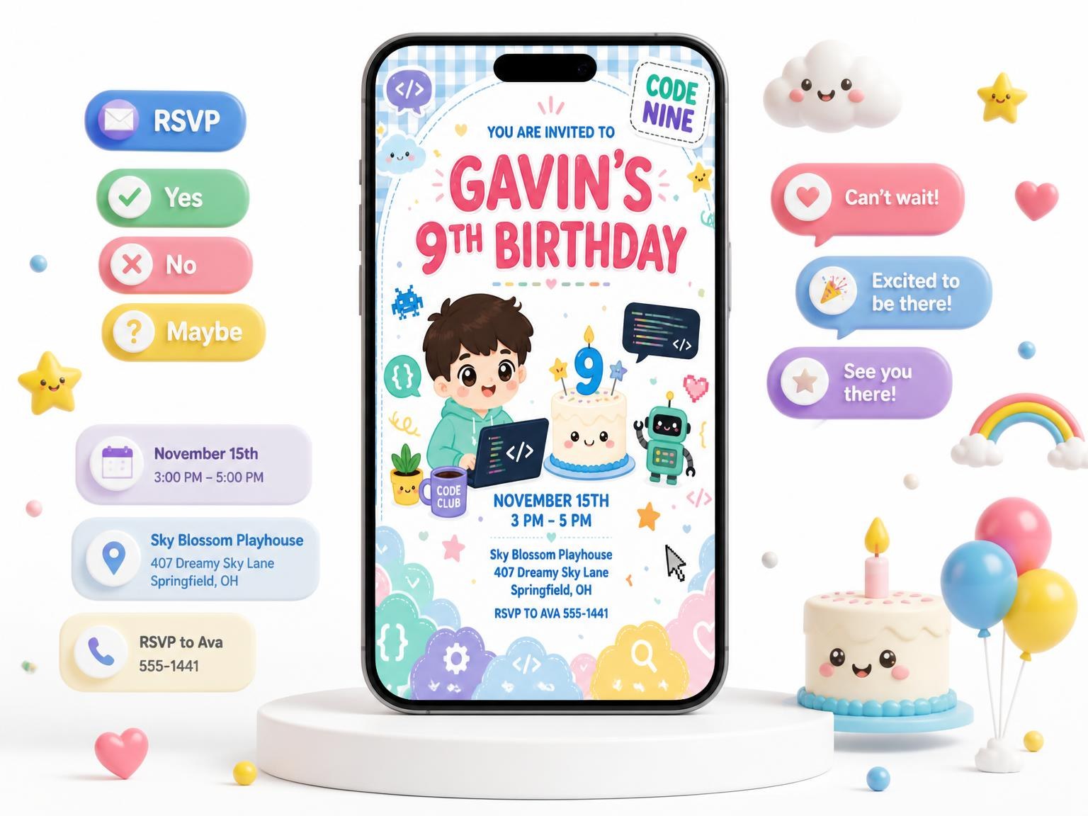 The Robot Kawaii Pastel 9th Birthday Invitation invitation on a phone, with guest RSVPs arriving around it