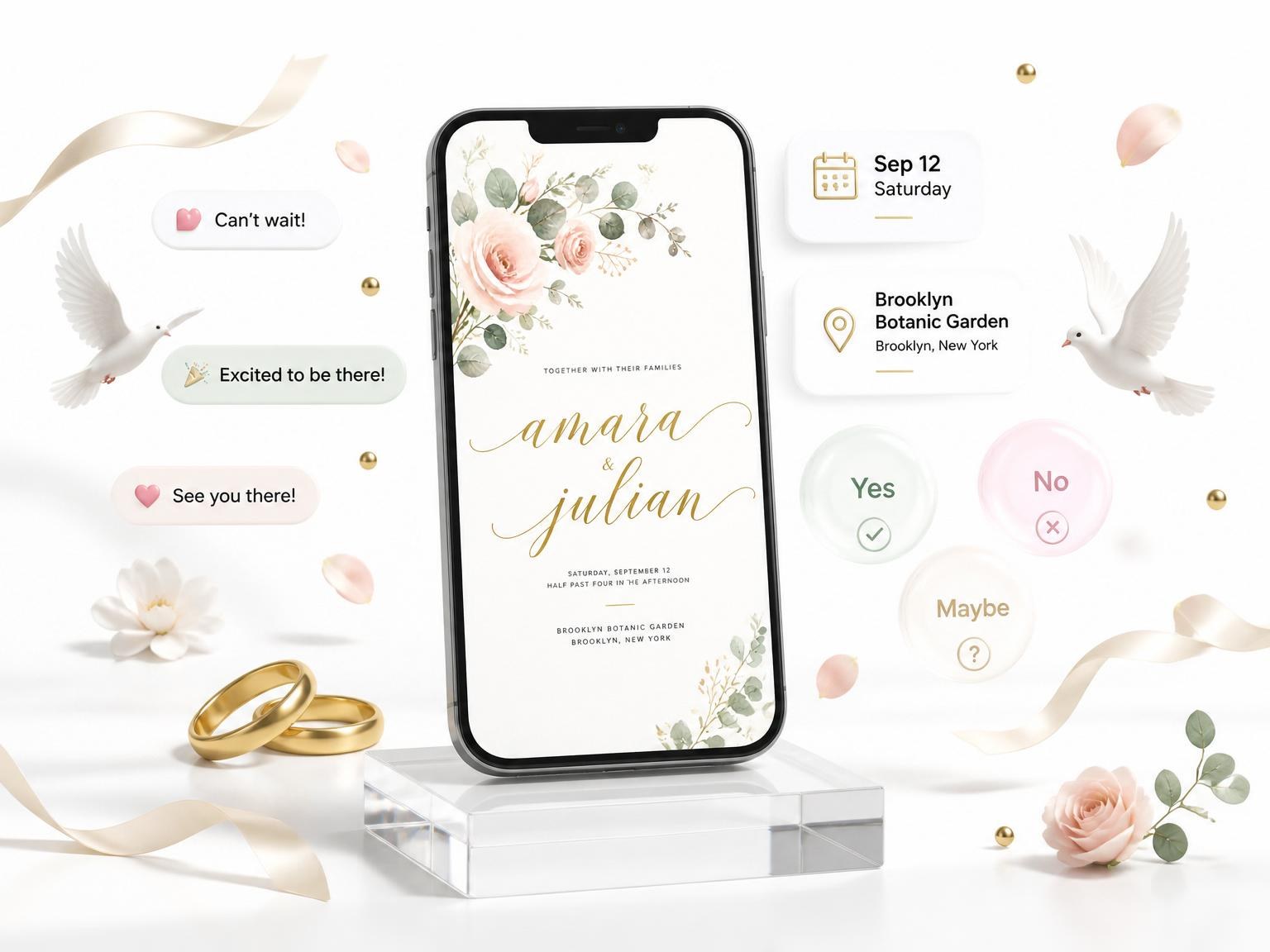 The Blush Rose Eucalyptus Wedding Invitation invitation on a phone, with guest RSVPs arriving around it