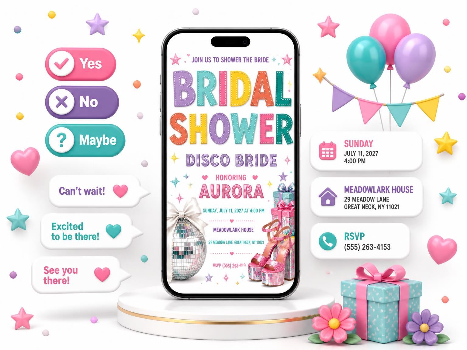 The Disco Ball Bridal Shower Invitation invitation on a phone, with guest RSVPs arriving around it