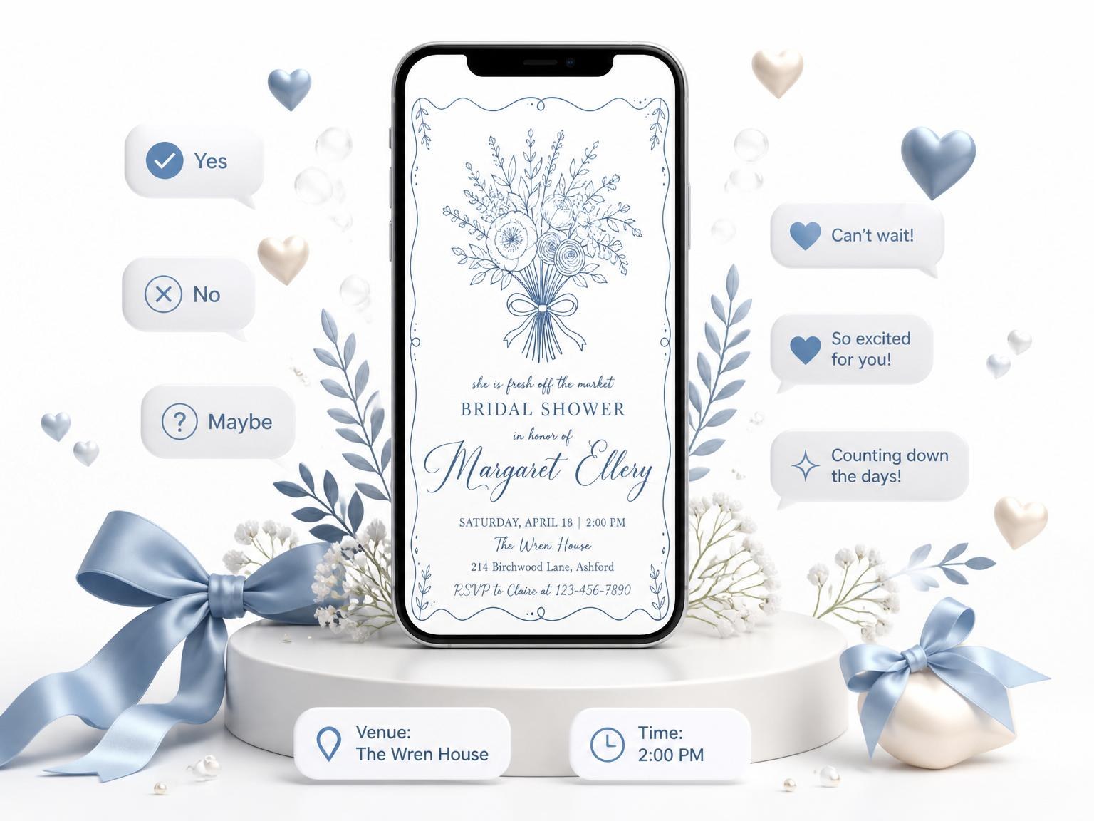 The Blue Line-Art Floral Bridal Shower invitation on a phone, with guest RSVPs arriving around it