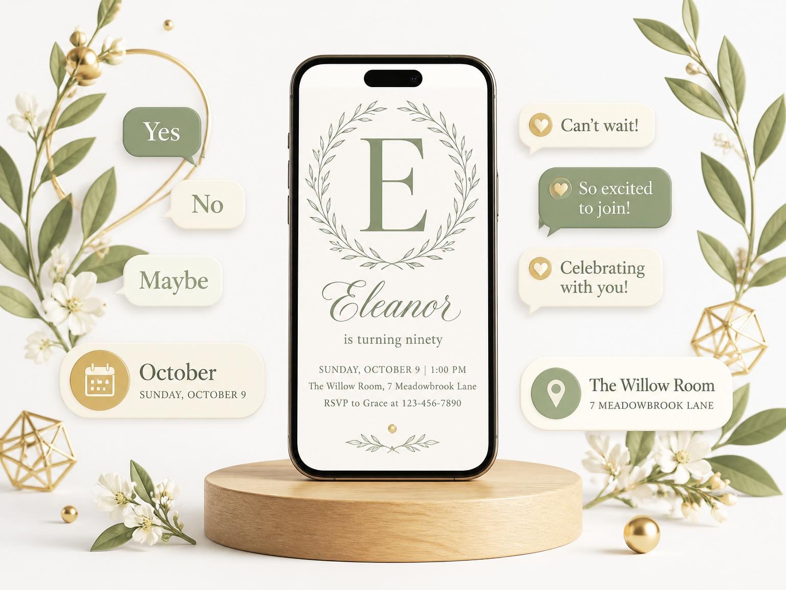 The Sage Olive Branch 90th Birthday invitation on a phone, with guest RSVPs arriving around it