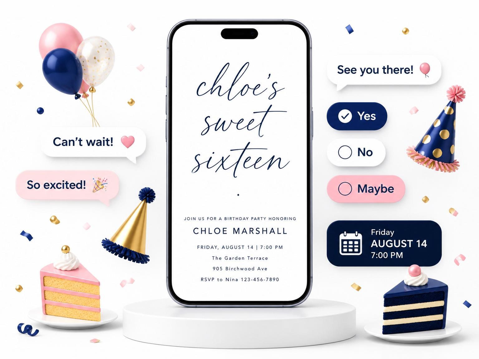 The Navy Script Minimalist Sweet Sixteen invitation on a phone, with guest RSVPs arriving around it