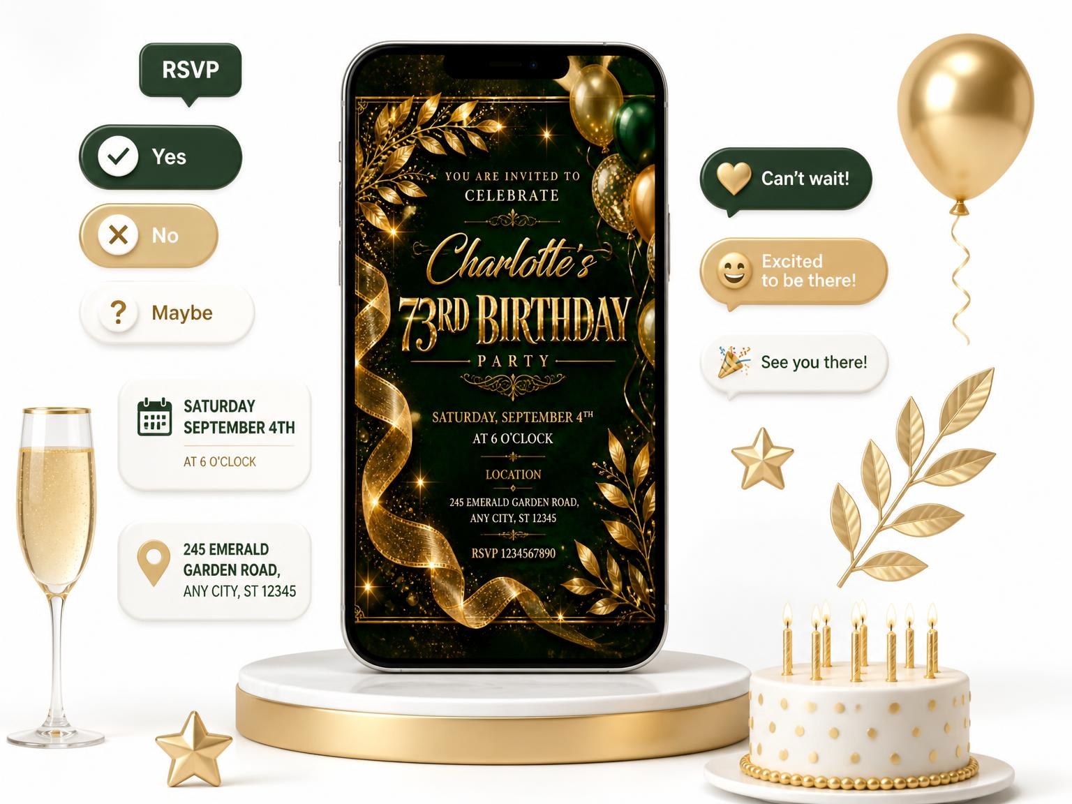 The Emerald and Champagne 73rd Birthday Invitation invitation on a phone, with guest RSVPs arriving around it