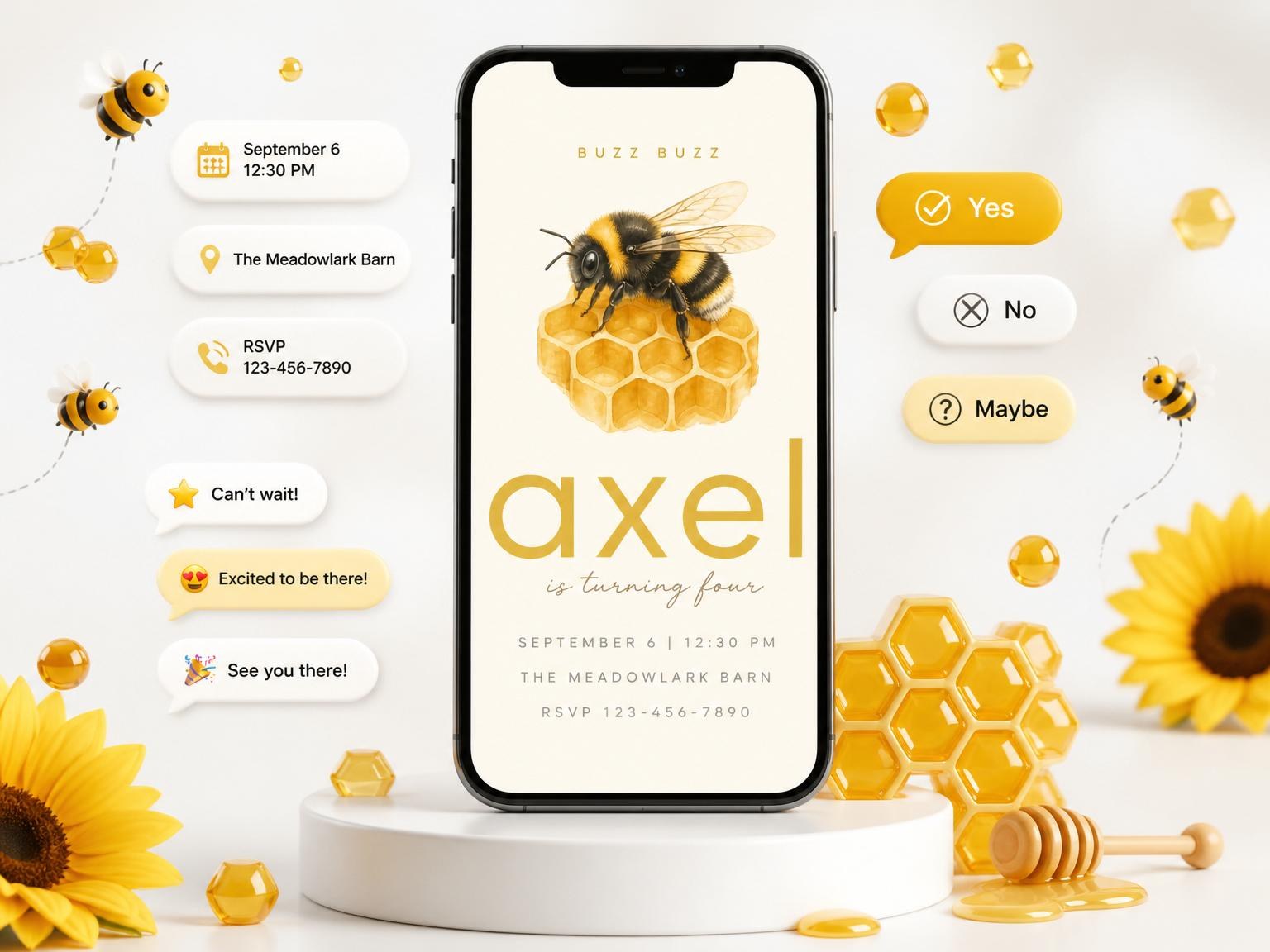 The Watercolor Bumblebee Honeycomb 4th Birthday Invitation invitation on a phone, with guest RSVPs arriving around it