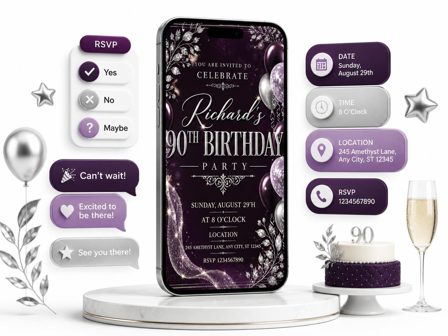 The Plum and Silver 90th Birthday Invitation invitation on a phone, with guest RSVPs arriving around it