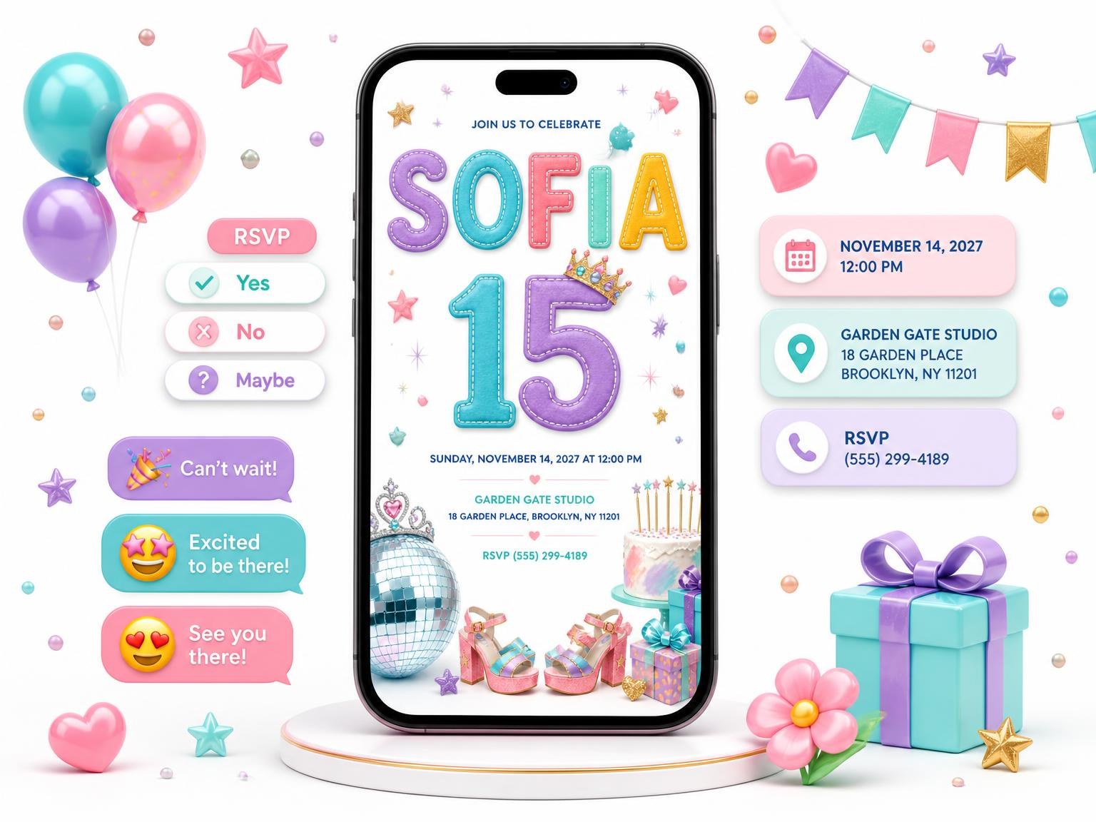 The Disco Ball 15th Birthday Party Invitation invitation on a phone, with guest RSVPs arriving around it