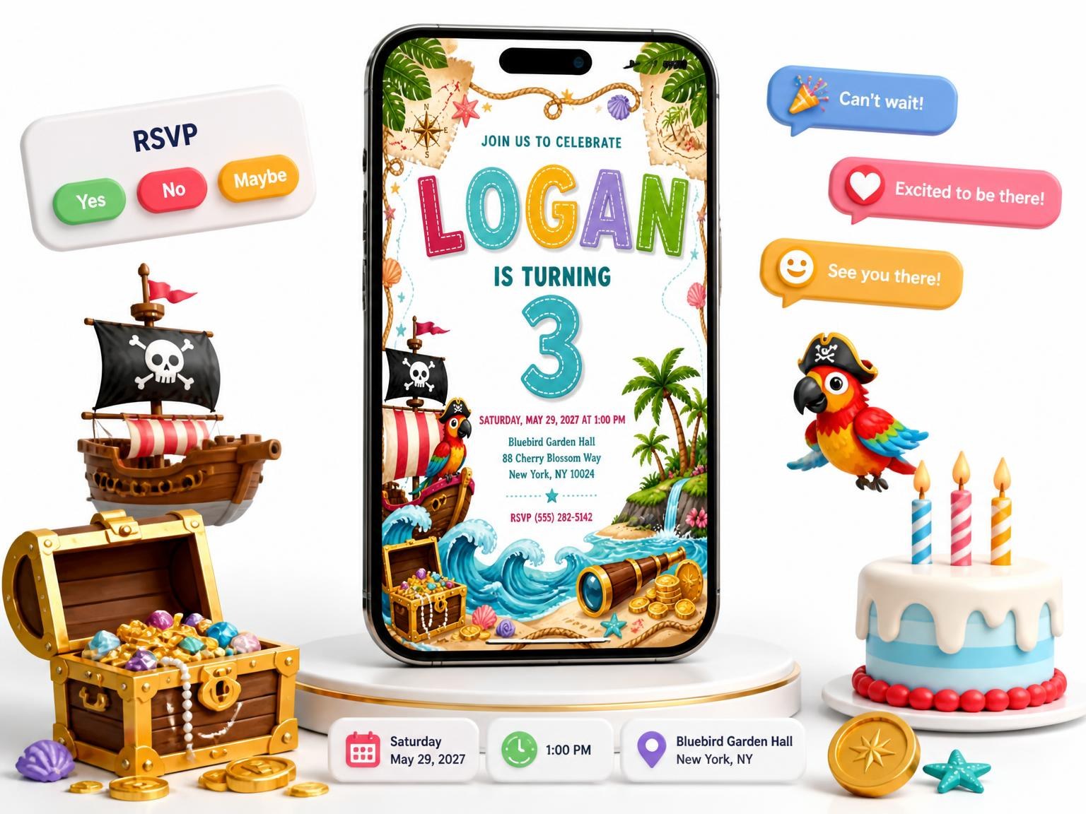 The Pirate Adventure 3rd Birthday Invitation invitation on a phone, with guest RSVPs arriving around it