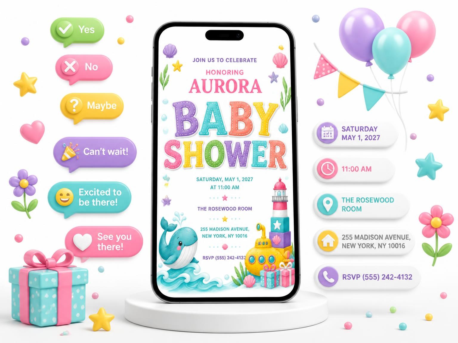 The Yellow Submarine Baby Shower Invitation invitation on a phone, with guest RSVPs arriving around it