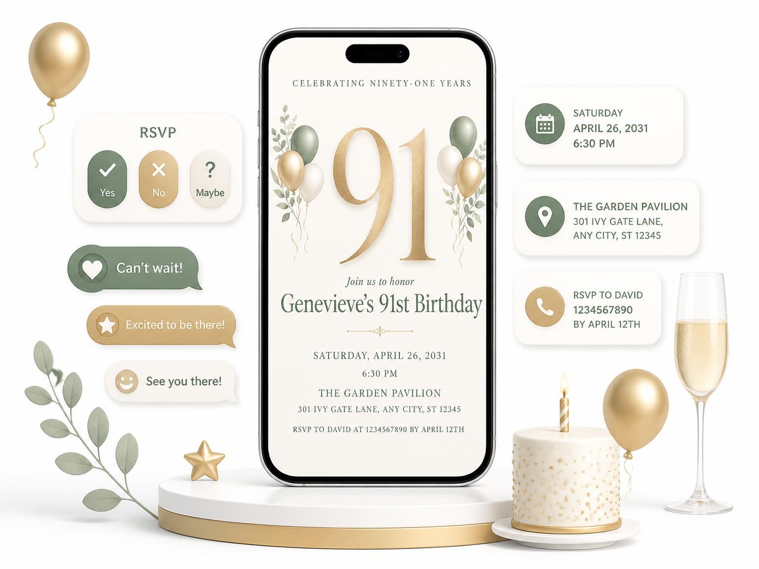 The Sage and Ivory 91st Birthday Invitation invitation on a phone, with guest RSVPs arriving around it