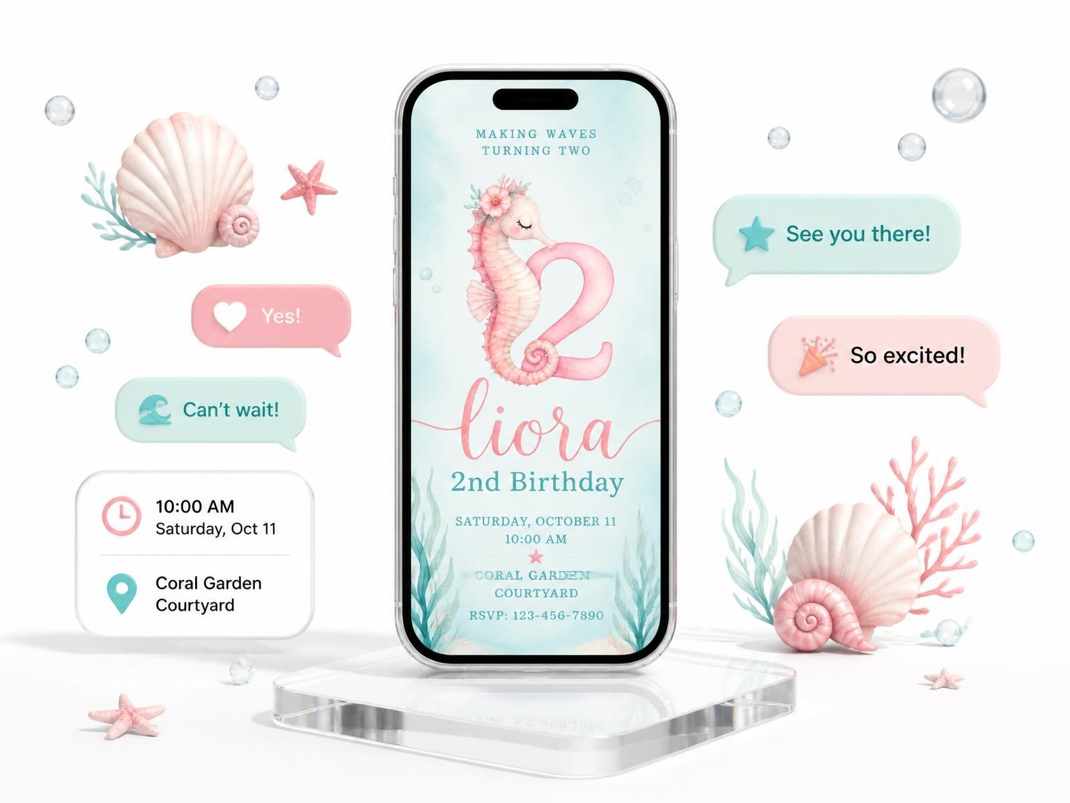 The Watercolor Seahorse Floral 2nd Birthday invitation on a phone, with guest RSVPs arriving around it