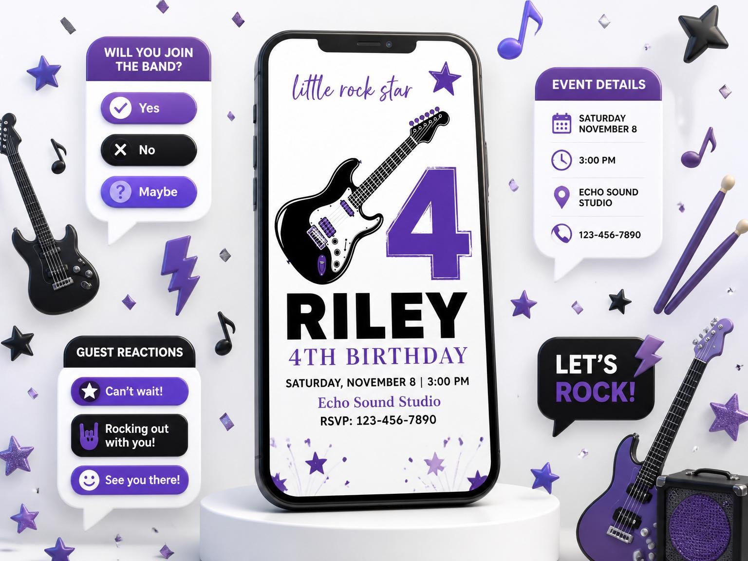The Purple Electric Guitar 4th Birthday invitation on a phone, with guest RSVPs arriving around it