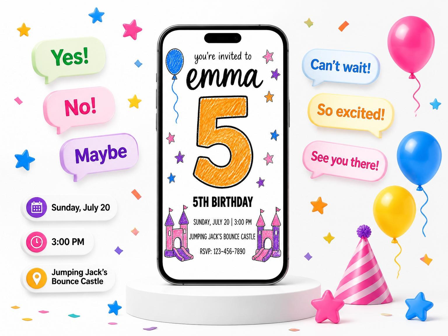 The Crayon Drawing Bouncy Castle 5th Birthday invitation on a phone, with guest RSVPs arriving around it