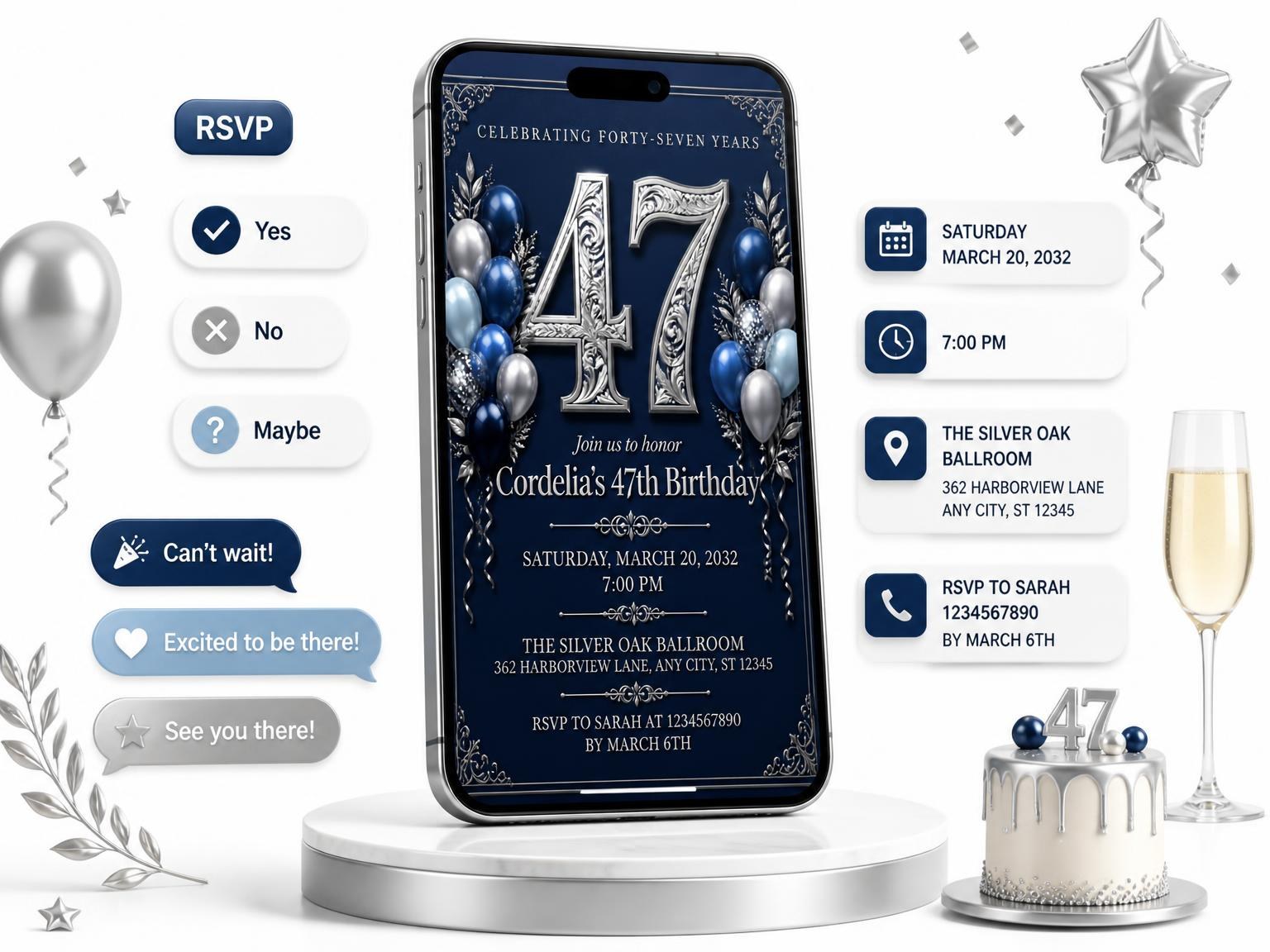 The Navy and Silver 47th Birthday Invitation invitation on a phone, with guest RSVPs arriving around it