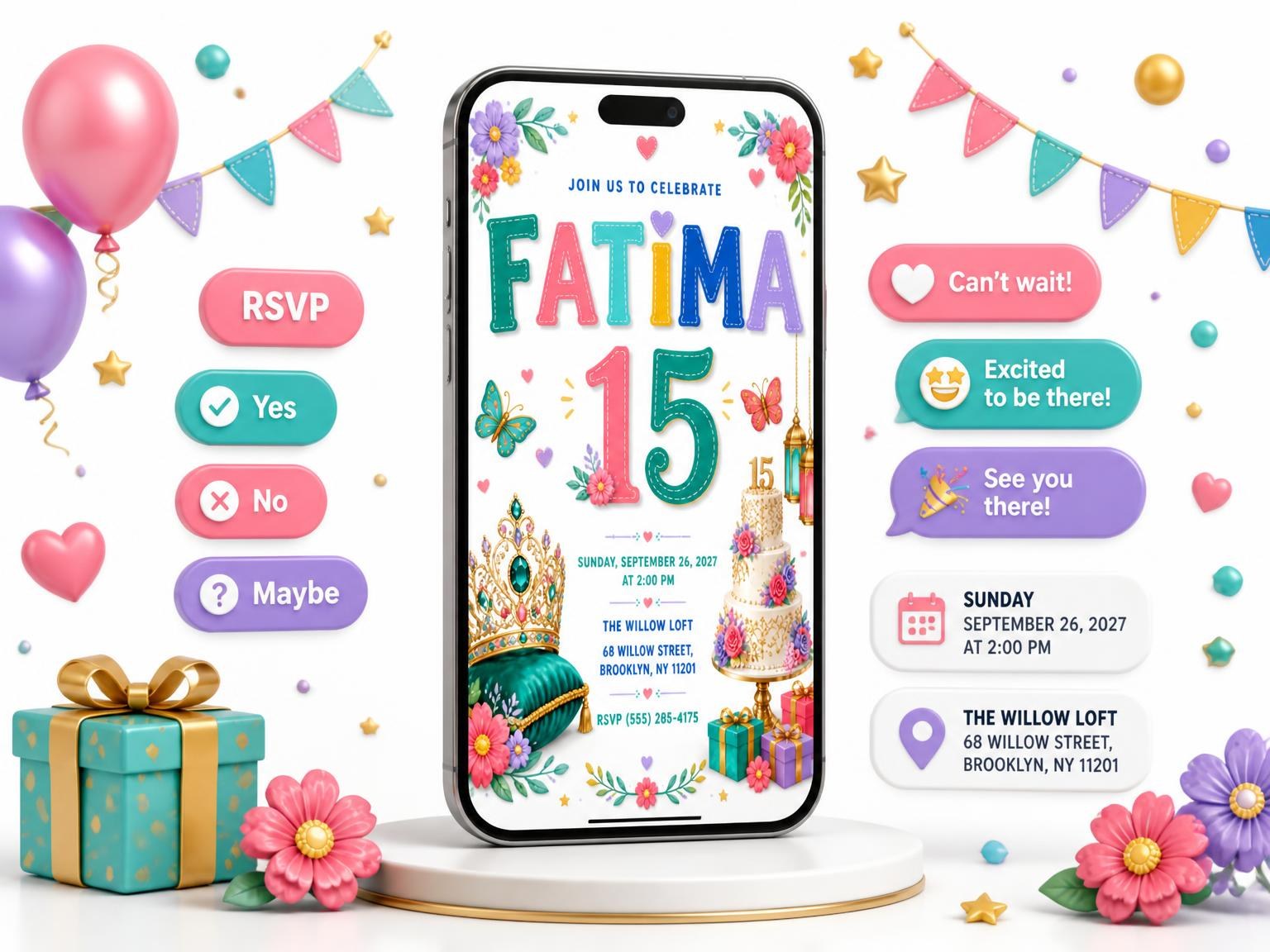 The Jeweled Tiara 15th Birthday Party Invitation invitation on a phone, with guest RSVPs arriving around it