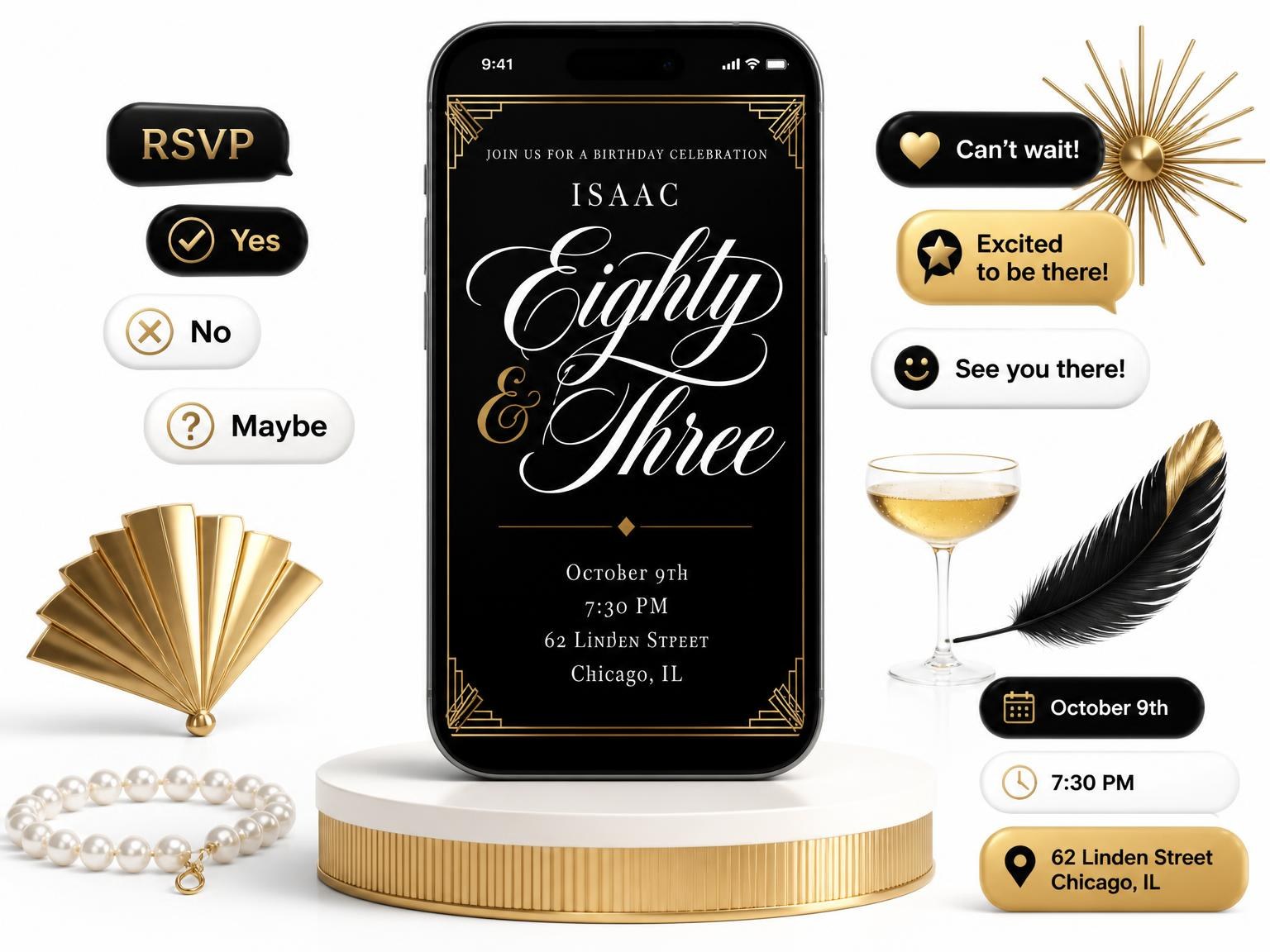 The Art Deco 83rd Birthday Invitation invitation on a phone, with guest RSVPs arriving around it