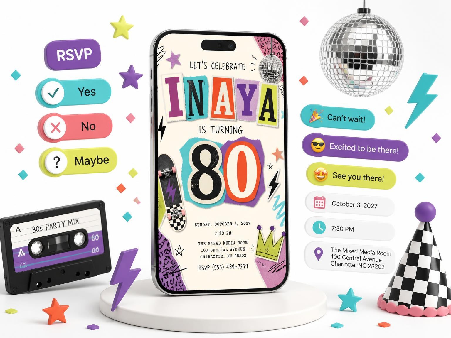 The Retro Paper Collage 80th Birthday Invitation invitation on a phone, with guest RSVPs arriving around it