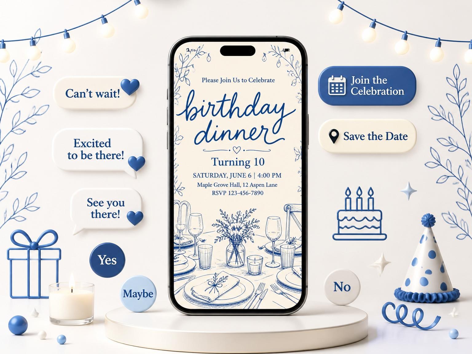 The Blue Line-Art Botanical 10th Birthday Dinner invitation on a phone, with guest RSVPs arriving around it