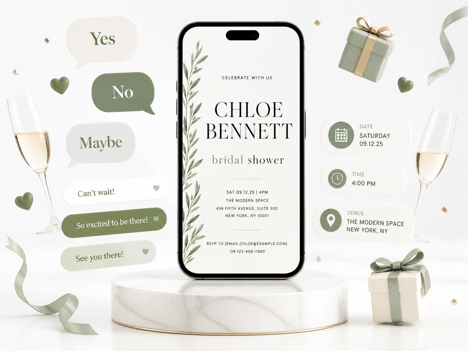 The Serene Olive Branch Bridal Shower invitation on a phone, with guest RSVPs arriving around it