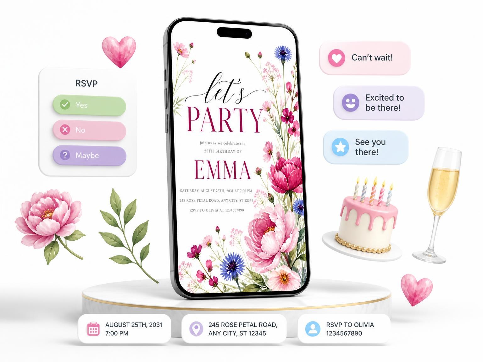 The Fuchsia Pink Peonies 25th Birthday Invitation invitation on a phone, with guest RSVPs arriving around it