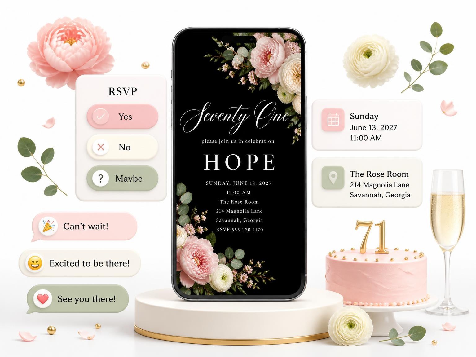 The Black Floral 71st Birthday Invitation invitation on a phone, with guest RSVPs arriving around it