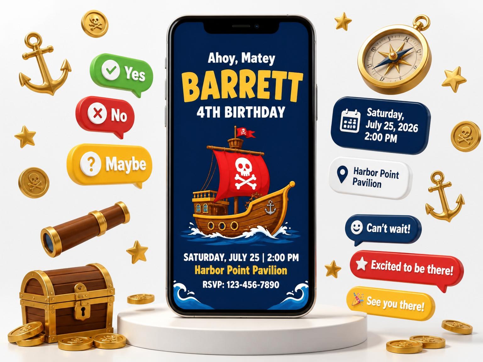 The Navy Pirate Ship Kids Birthday invitation on a phone, with guest RSVPs arriving around it