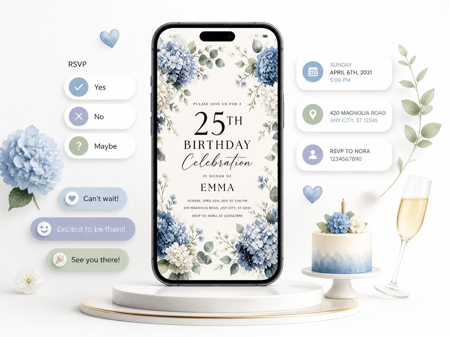 The Hydrangea Blooms Dusty Blue 25th Birthday Invitation invitation on a phone, with guest RSVPs arriving around it