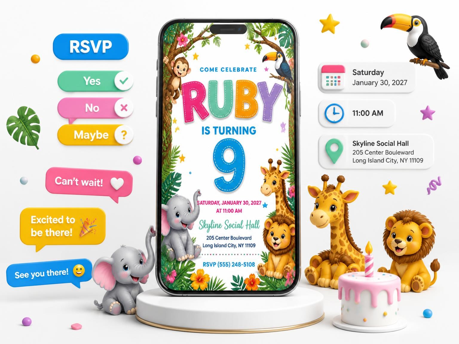 The Stitched Safari 9th Birthday Invitation invitation on a phone, with guest RSVPs arriving around it