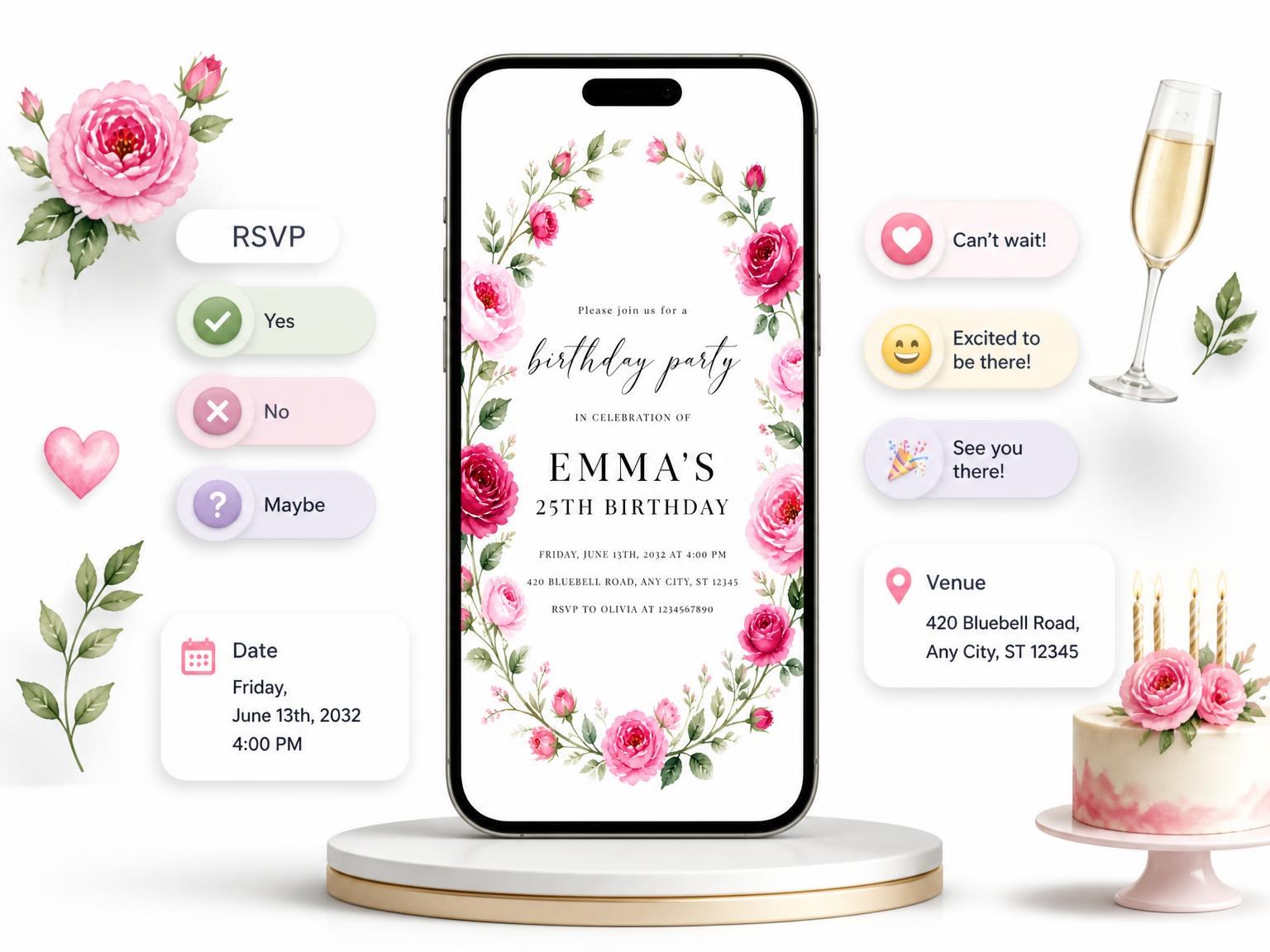 The Fuchsia Rose Wreath 25th Birthday Invitation invitation on a phone, with guest RSVPs arriving around it