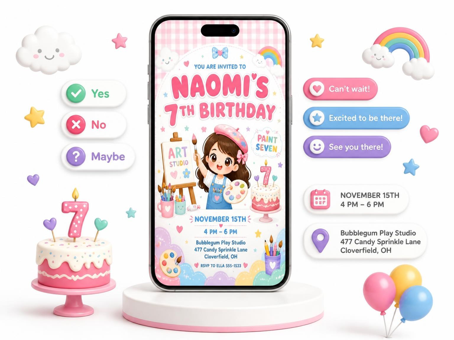 The Studio Easel Kawaii 7th Birthday Invitation invitation on a phone, with guest RSVPs arriving around it
