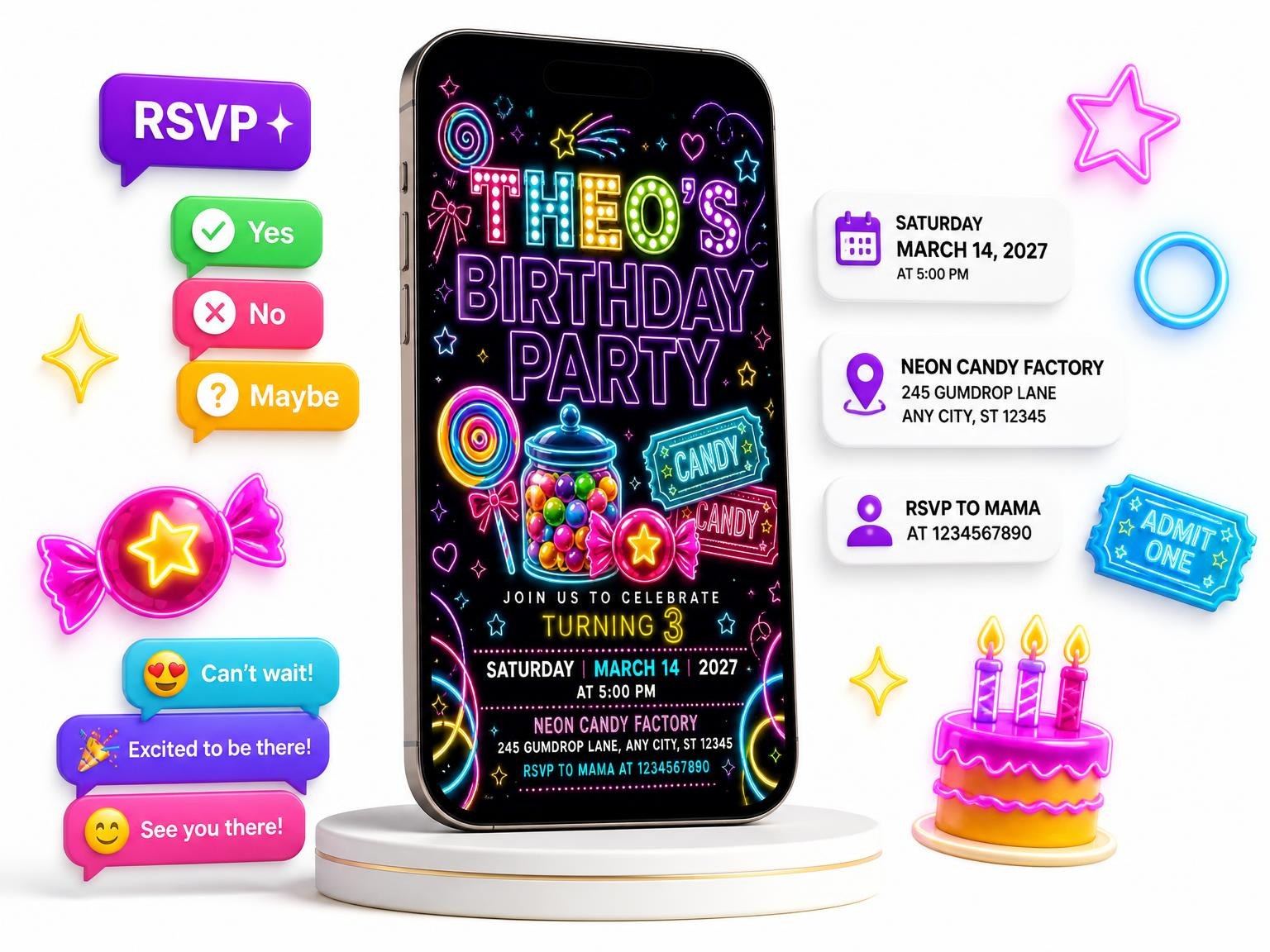 The Neon Candy 3rd Birthday Invitation invitation on a phone, with guest RSVPs arriving around it