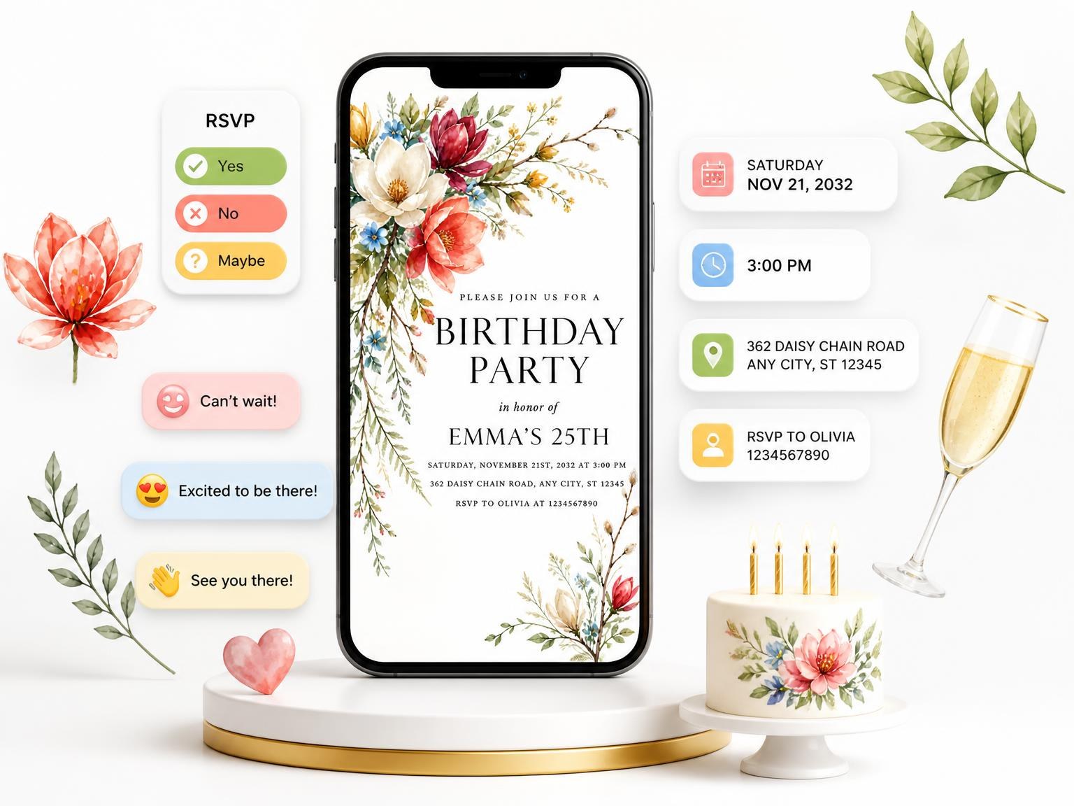 The Botanical Sprig Golden 25th Birthday Invitation invitation on a phone, with guest RSVPs arriving around it