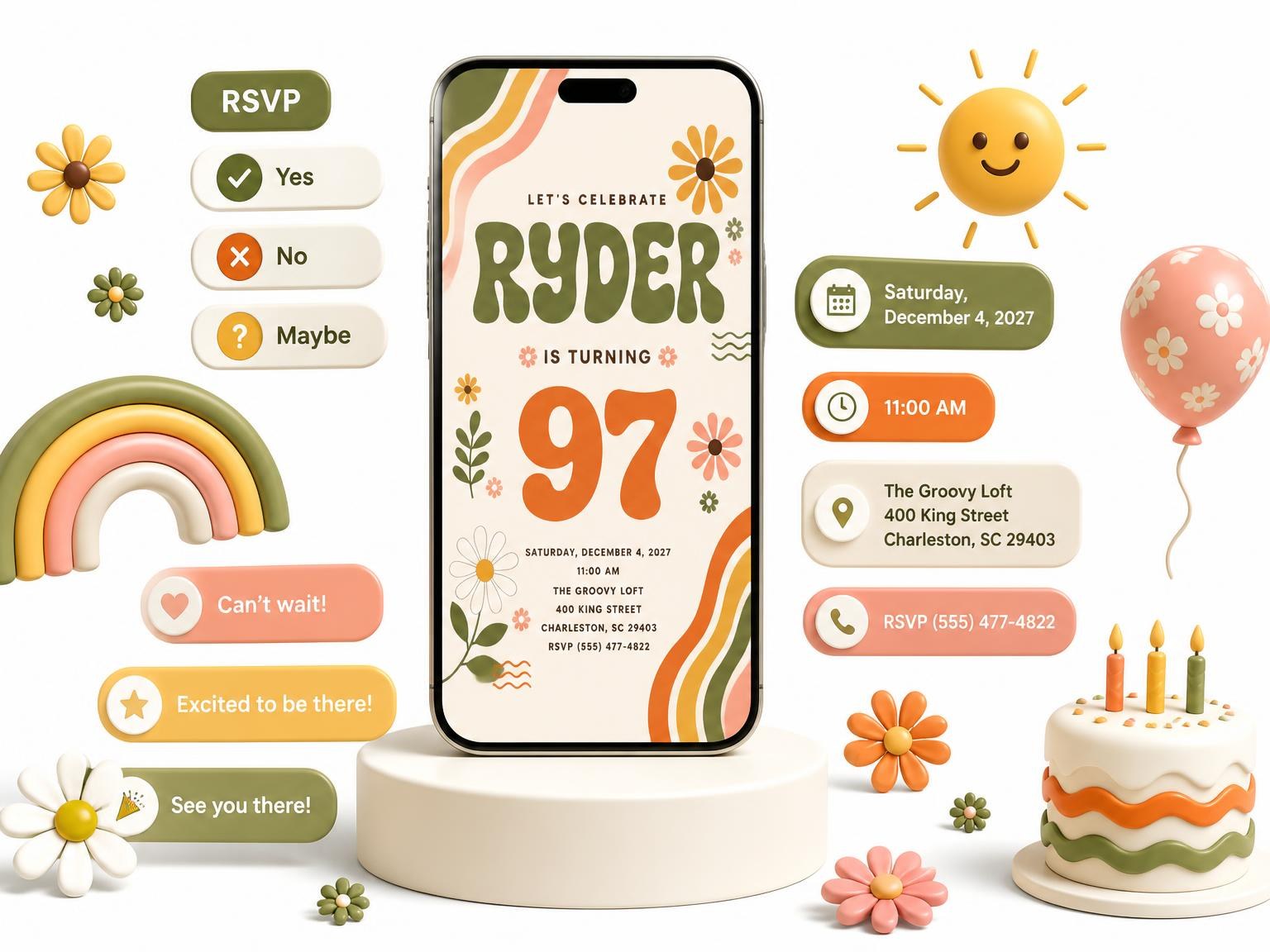 The Groovy Retro 97th Birthday Invitation invitation on a phone, with guest RSVPs arriving around it