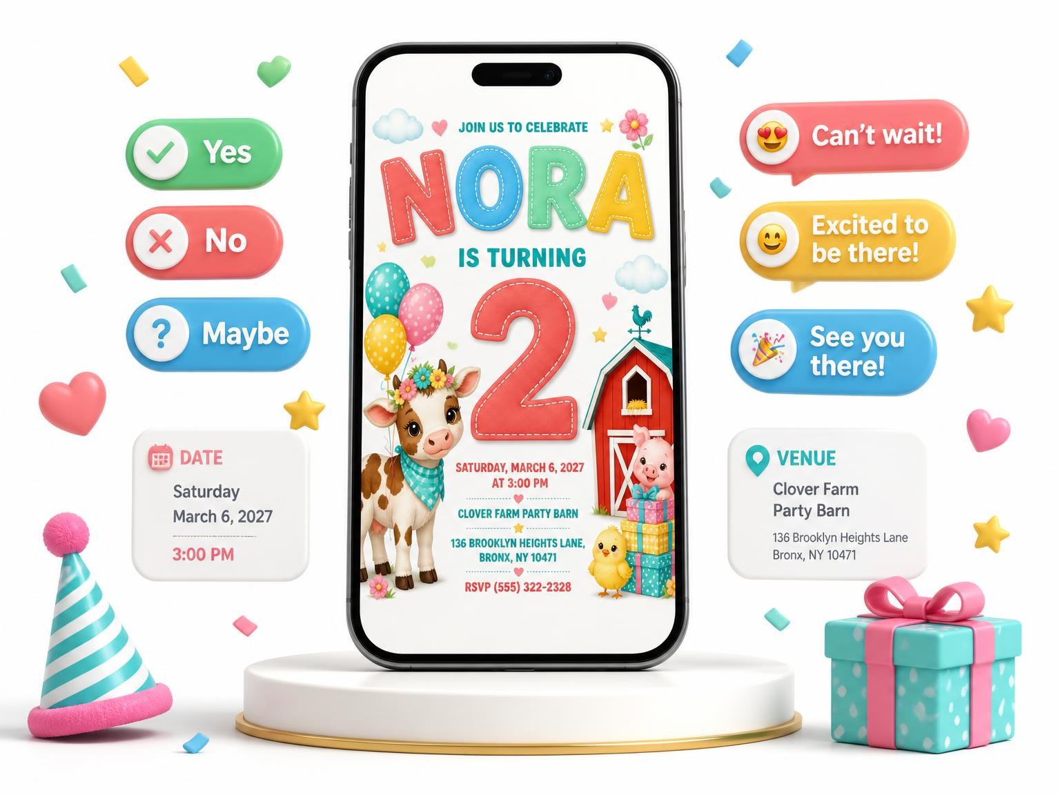 The Farm 2nd Birthday Invitation invitation on a phone, with guest RSVPs arriving around it